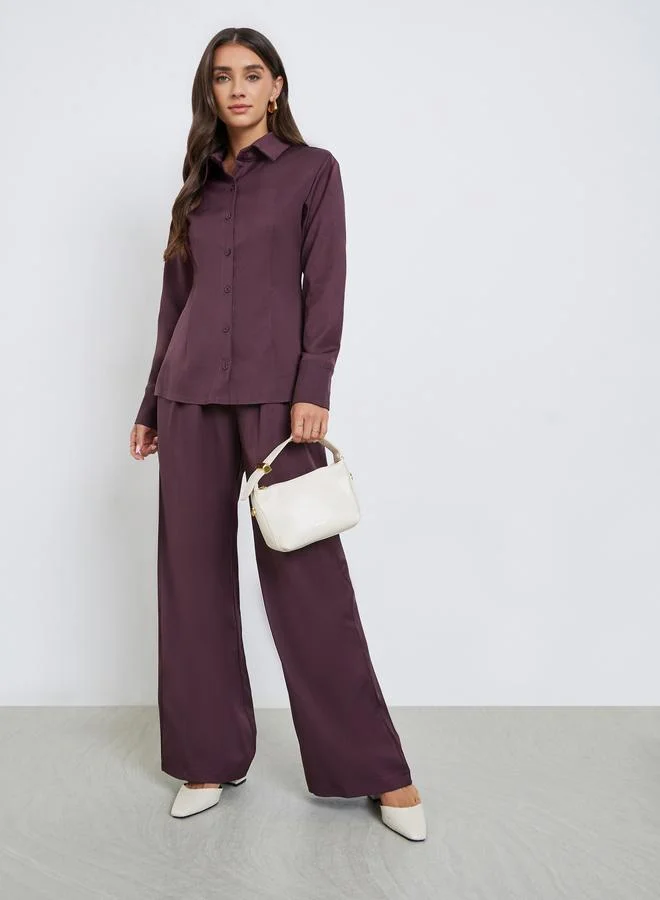 ستايلي طقم نسائي قميص سادة وبنطلون واسع الساق